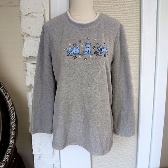 Vintage 80s Cat Lady Fleece Top M Sweatshirt Pullover Granny Kittens Playing 90s - Picture 13 of 16